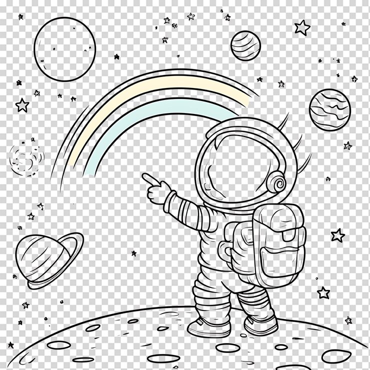 PSD słodki astronauta wskazujący na tęczę w kosmosie