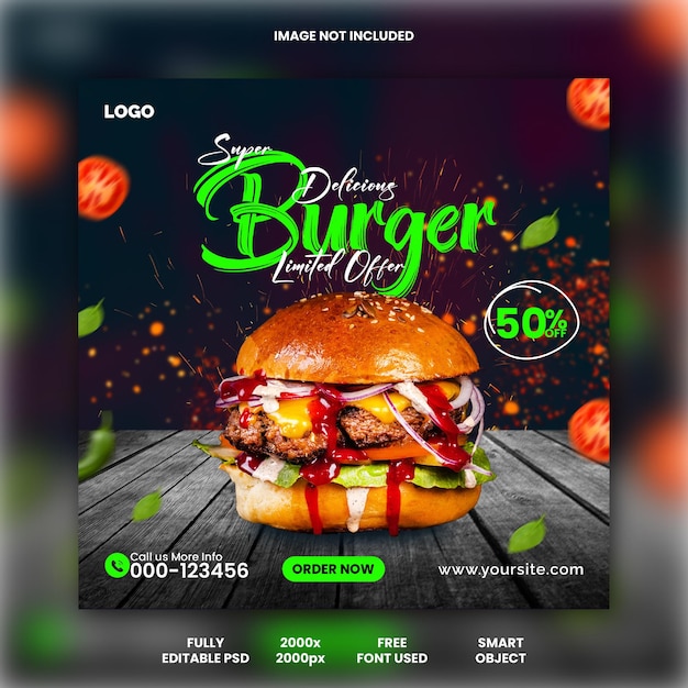 PSD słodki burger i menu restauracji w mediach społecznościowych