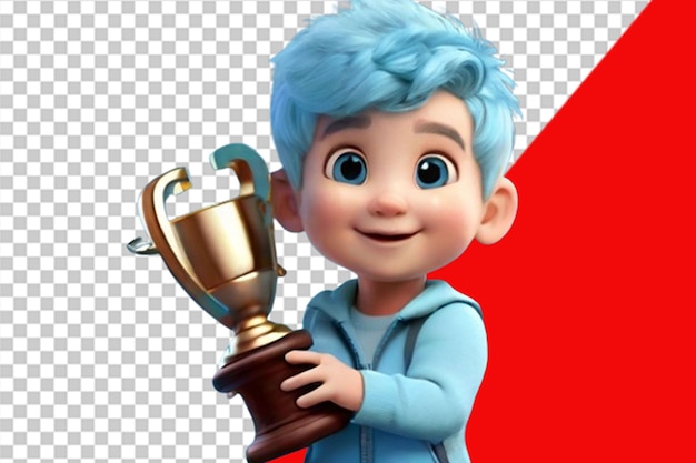 PSD słodki chłopiec z niebiesko niebieskimi włosami trzyma trofeum.