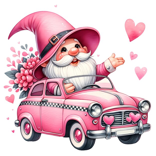 PSD słodki gnome love taxi valentine akwarel clipart ilustracja