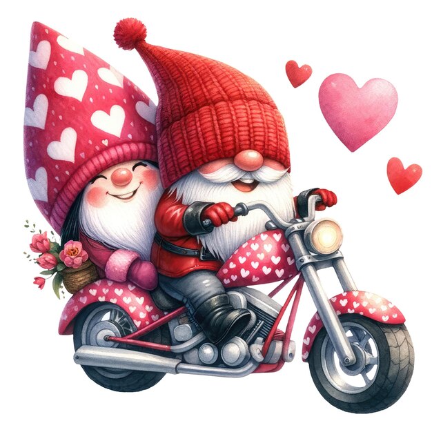 PSD słodki gnome motorcycle couple valentine akwarel clipart ilustracja