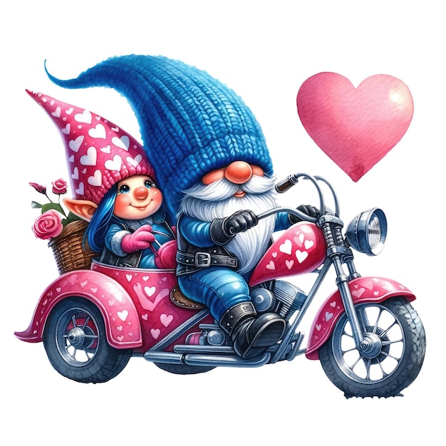 PSD słodki gnome motorcycle couple valentine akwarel clipart ilustracja