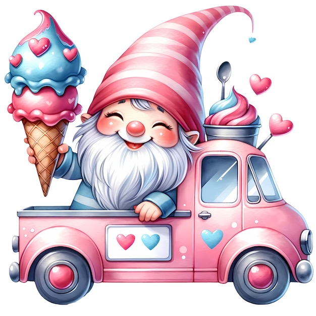 PSD słodki gnome valentine ice cream truck akwarel clipart ilustracja