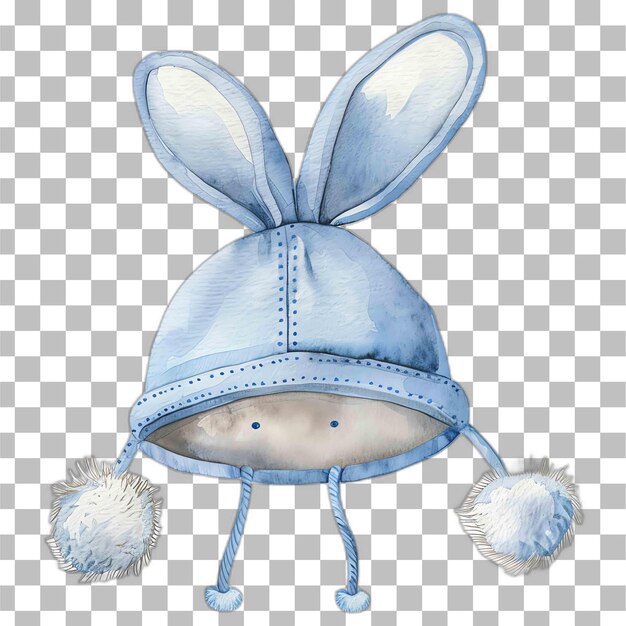 PSD słodki kreskówkowy kapelusz dla niemowląt z uszami królików w niebieskim akwarelu.