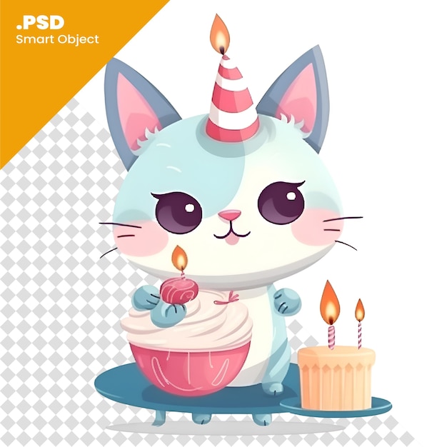 PSD słodki kreskówkowy kot jednorożec z ciastem i świecami wektorowy ilustracja szablon psd