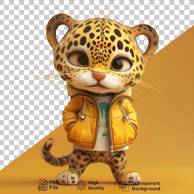 PSD słodki mały 3d leopard noszący kurtkę na przezroczystym tle zawiera plik png