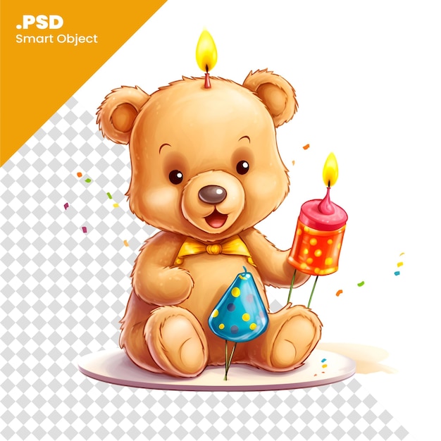 PSD słodki miś z tortem urodzinowym i świeczką ilustracja wektorowa szablon psd