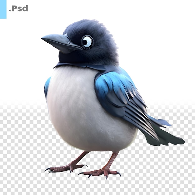 PSD słodki niebieski ptak z dużymi oczami ilustracja renderingu 3d szablon psd