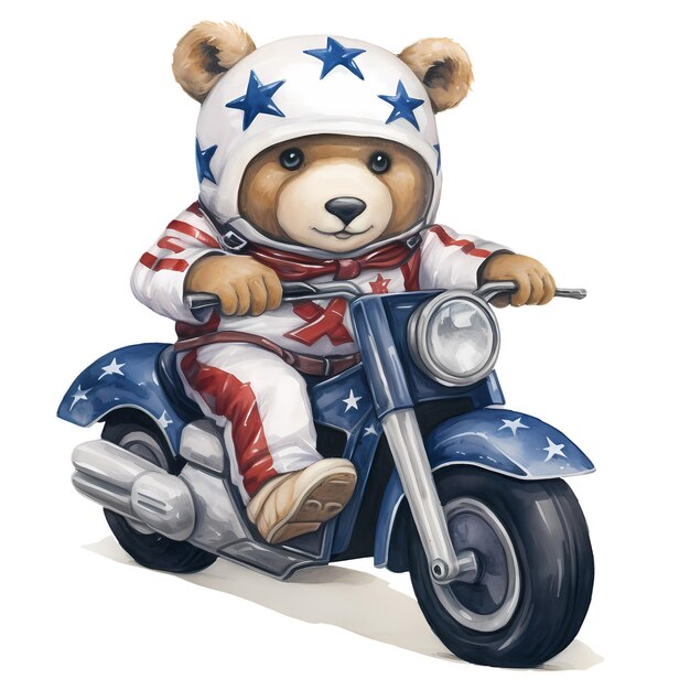 PSD słodki niedźwiedź amerykańska flaga motocykl clipart ilustracja