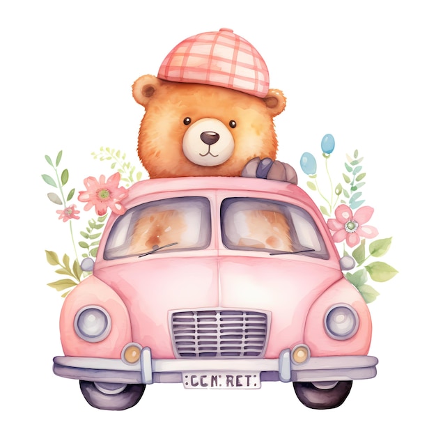 PSD słodki niedźwiedź z kreskówki w samochodzie i kwiaty akwarel clipart ilustracja