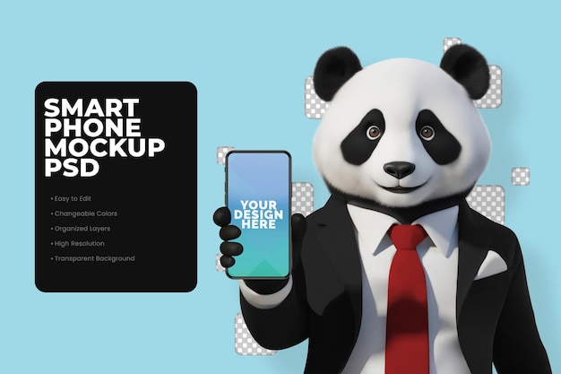 Słodki panda trzymający makietę smartfona