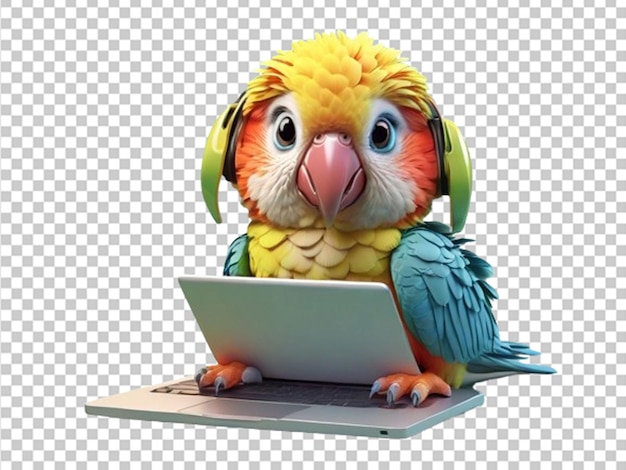 PSD słodki papuga 3d używający laptopa