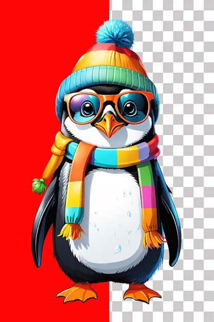 PSD słodki pingwin noszący zimowy kapelusz i szalik na przezroczystym tle
