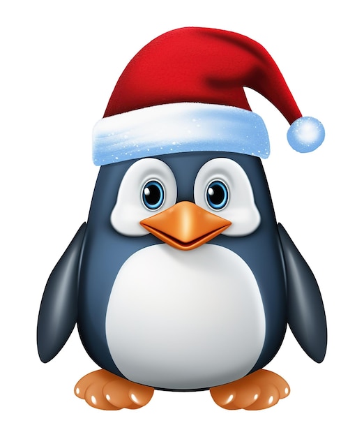 PSD słodki pingwin z kreskówki noszący świąteczny kapelusz.