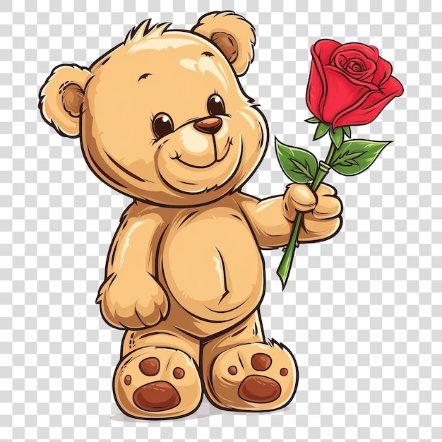 PSD słodki pluszowy niedźwiedź trzymający różę na przezroczystym tle png