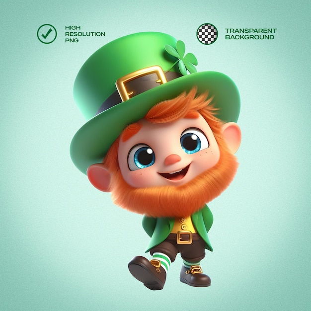 Słodki stojący leprechaun 3d renderuje przezroczyste izolowane tło.