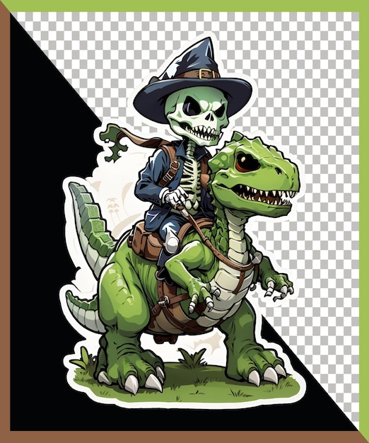 PSD słodki szkielet na zielonym dinozaurze ilustracja halloween