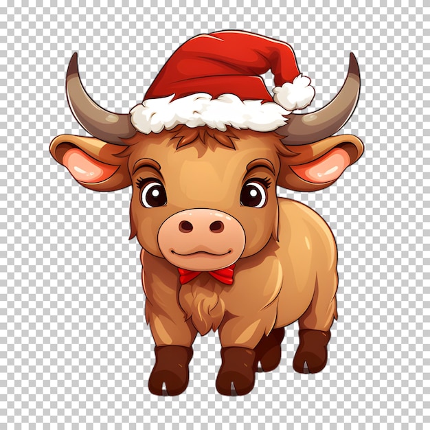 PSD słodki zabawny byk noszący kapelusz świętego mikołaja na świąteczną ilustrację