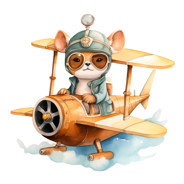 PSD słodki zabawny fox vintage plane clipart ilustracja