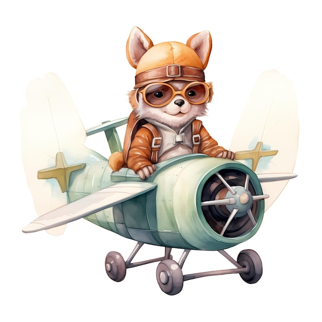 PSD słodki zabawny fox vintage plane clipart ilustracja