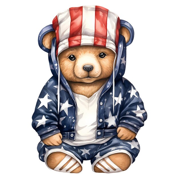 PSD słodki, zabawny niedźwiedź noszący amerykańską flagę