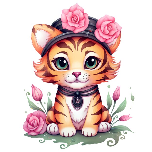 PSD słodki zabawny tygrys z kwiatami akwarel clipart ilustracja