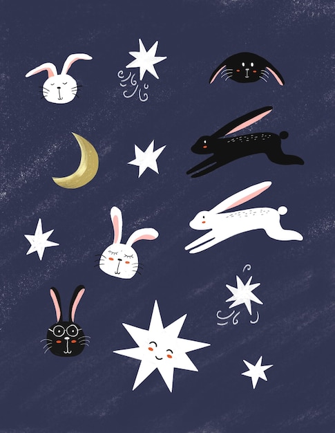 PSD słodkie gwiazdy królików i księżyc izolowane naklejki ilustracja