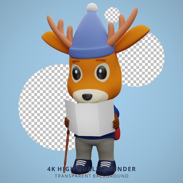 PSD słodkie jelenie camping maskotka ilustracja 3d postaci otwarta mapa