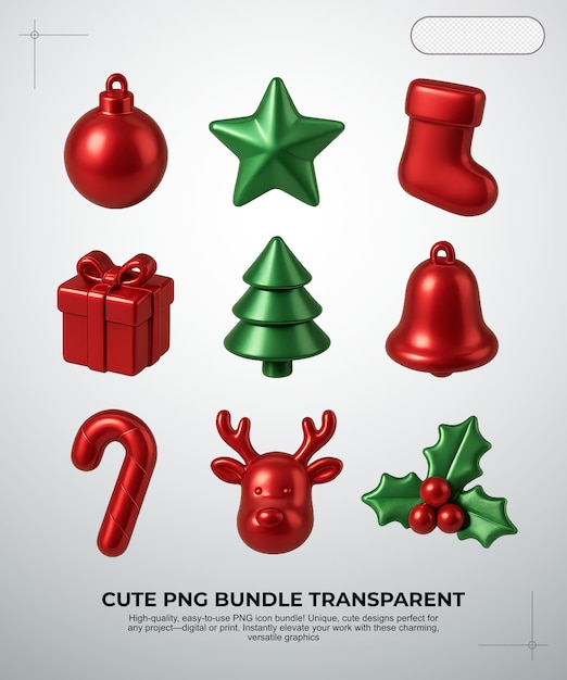Słodkie świąteczne PNG Bundle Czerwone i Zielone Ornamenty 3D