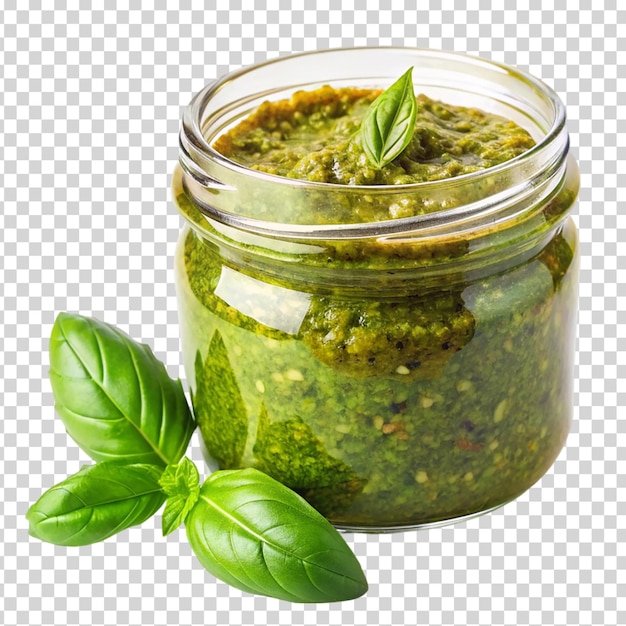 Słoik Z Pesto Z Liściem Obok Na Przezroczystym Tle