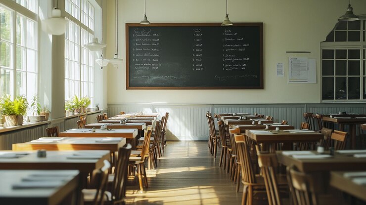 PSD słonecznie oświetlone wnętrze restauracji z drewnianymi stołami, krzesłami i menu na tablicy