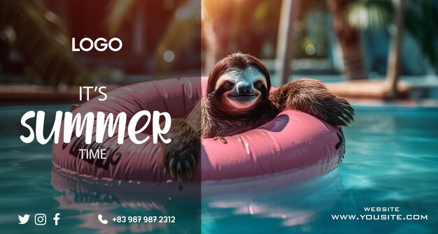 PSD a sloth on a float in a pool with the words 