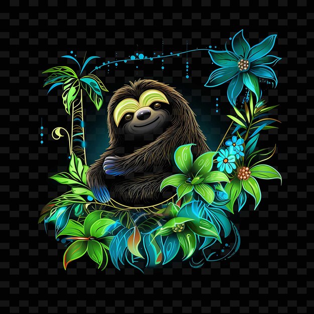 PSD sloth tropical retreat curved neon lines hanging vines slugg png y2k shapes transparent light arts