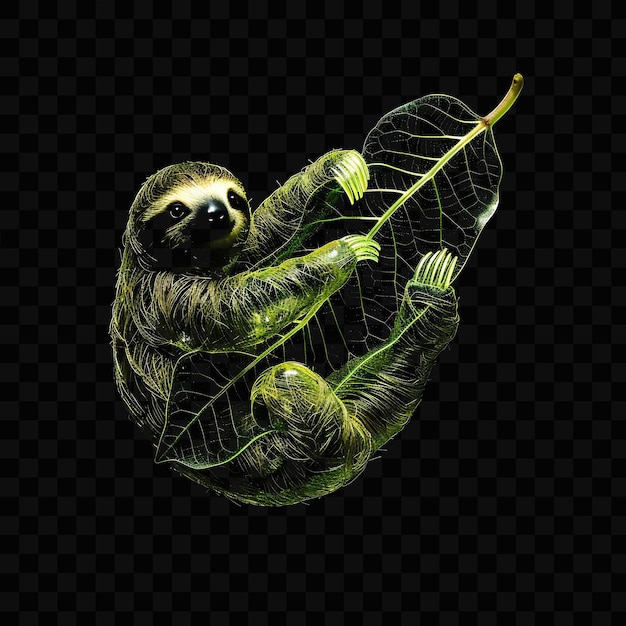 A sloth with a leaf on its back is a green and black background