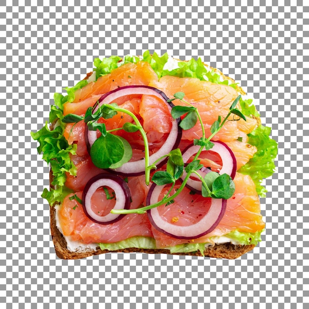 PSD smaczna kanapka z łososiem i warzywami na przezroczystym tle