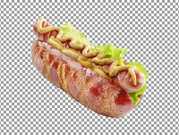 PSD smaczny hot dog z musztardą i keczupem na białym tle z przezroczystym tłem