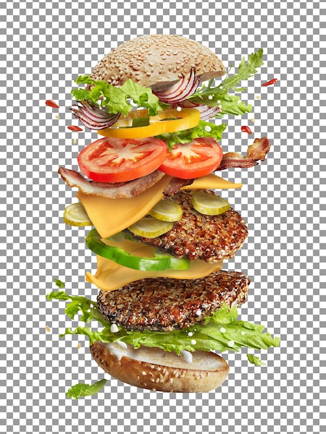 Smaczny latający hamburger z pasztecikiem z pomidorów i kurczaka na przezroczystym tle