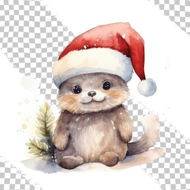 小さな愛らしいキャラクターは新年の帽子をかぶっています。透明な背景にクリスマス パーティーの水彩画が分離されました。