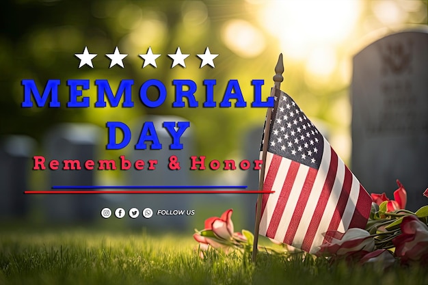 PSD small american flag and tombstone at national cemetery memorial day display with copy