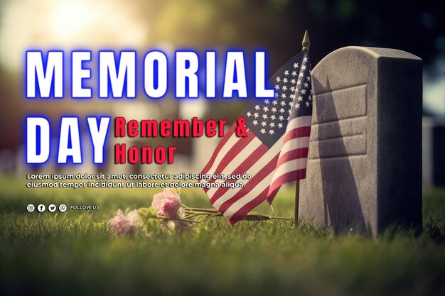 PSD small american flag and tombstone at national cemetery memorial day display with copy