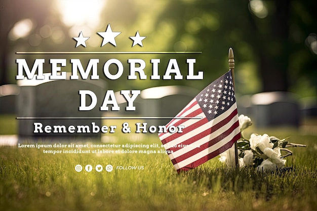 PSD small american flag and tombstone at national cemetery memorial day display with copy