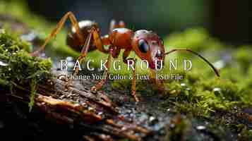 PSD small ant crawls on wet green leaf