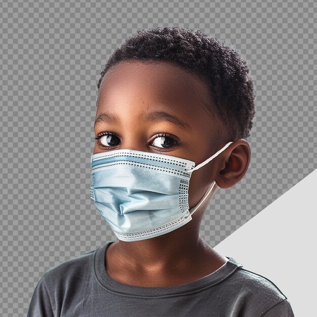 PSD 작은 흑인 소년은 투명한 배경에 고립 된 png 얼굴 마스크를 착용합니다.