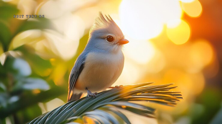 PSD small blue bird perched on a palm frond at sunset