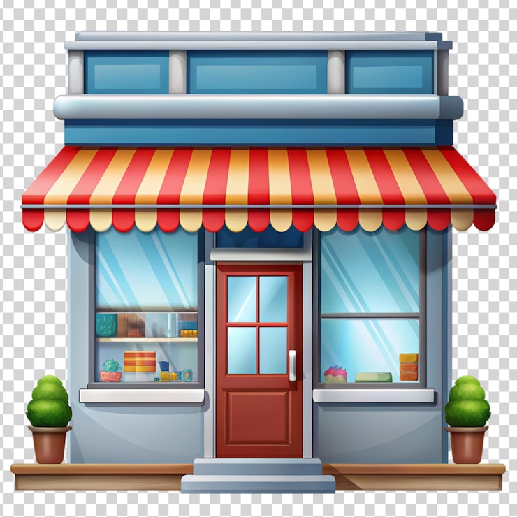 PSD a small building with a red door and a red and white striped awning on transparent background