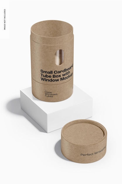 PSD small cardboard tube box with window mockup, perspective