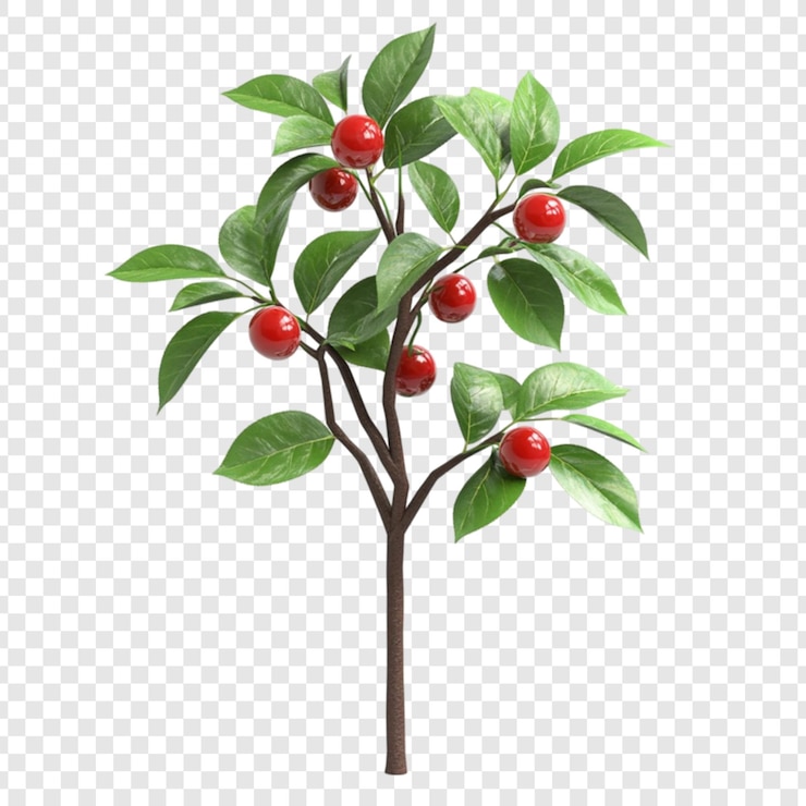 PSD small cherry tree with red cherries and green leaves isolated on white background