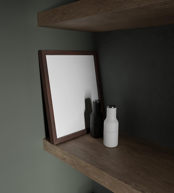 PSD small frame mockup on the wooden shelf in the kitchen