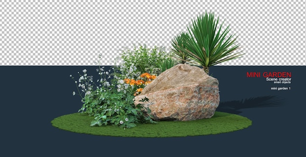 A small garden decorated with various stones and grasses