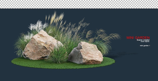 A small garden decorated with various stones and grasses